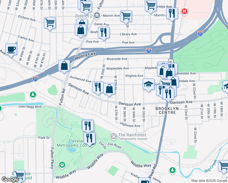 map of restaurants, bars, coffee shops, grocery stores, and more near 3711 Archwood Avenue in Cleveland