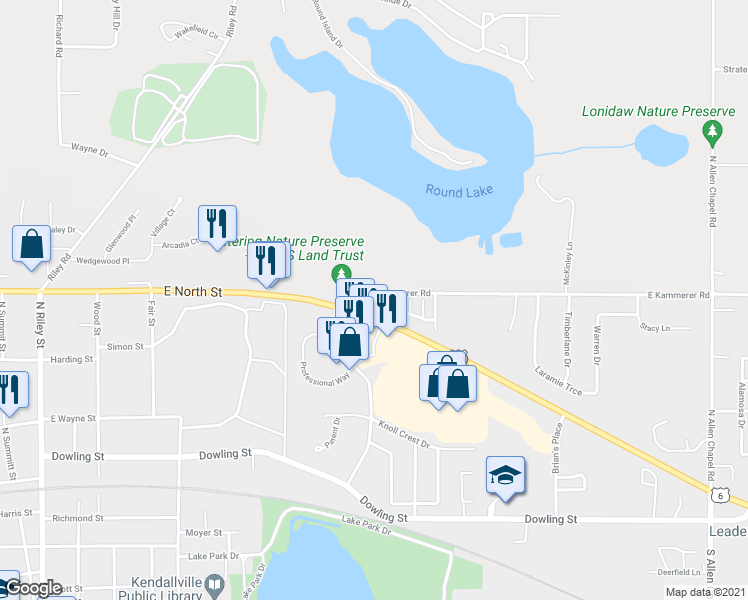 map of restaurants, bars, coffee shops, grocery stores, and more near 1488 East Kammerer Road in Kendallville