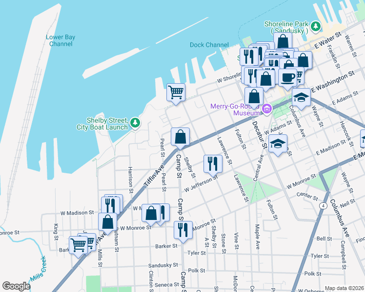 map of restaurants, bars, coffee shops, grocery stores, and more near 1119 West Washington Street in Sandusky
