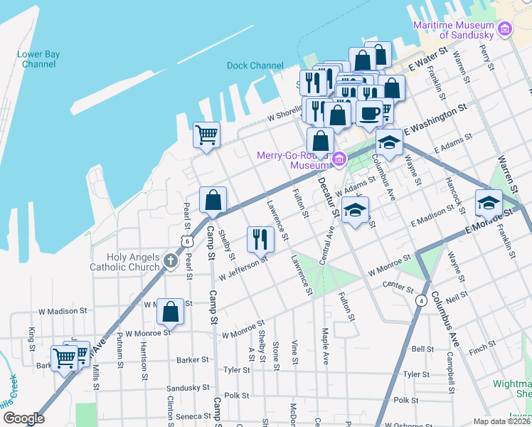 map of restaurants, bars, coffee shops, grocery stores, and more near 319 Lawrence Street in Sandusky
