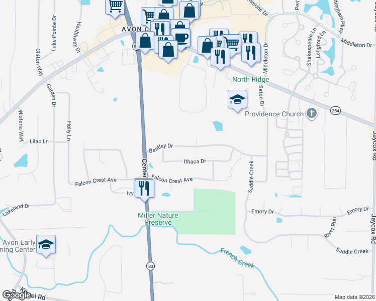 map of restaurants, bars, coffee shops, grocery stores, and more near 35970 Bentley Drive in Avon