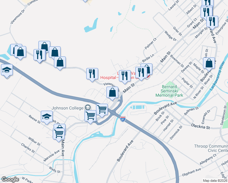 map of restaurants, bars, coffee shops, grocery stores, and more near 231 Lincoln Street in Dickson City