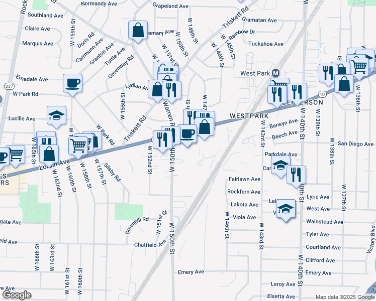 map of restaurants, bars, coffee shops, grocery stores, and more near 14901 Lorain Avenue in Cleveland