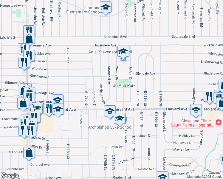 map of restaurants, bars, coffee shops, grocery stores, and more near 3936 Wendy Drive in Cleveland