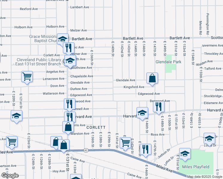 map of restaurants, bars, coffee shops, grocery stores, and more near 3926 East 140th Street in Cleveland