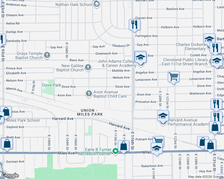 map of restaurants, bars, coffee shops, grocery stores, and more near 11213 Dove Avenue in Cleveland