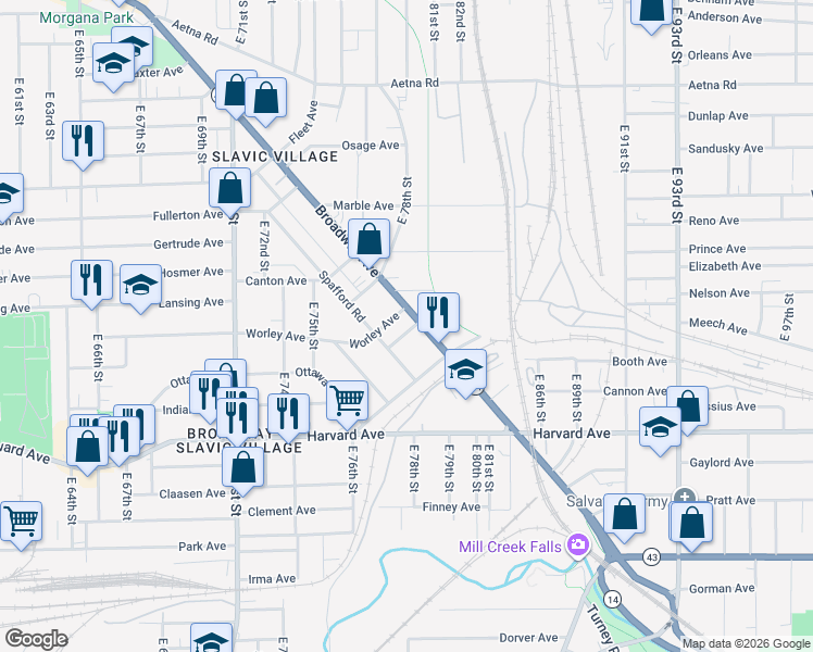 map of restaurants, bars, coffee shops, grocery stores, and more near 7925 Broadway Avenue in Cleveland