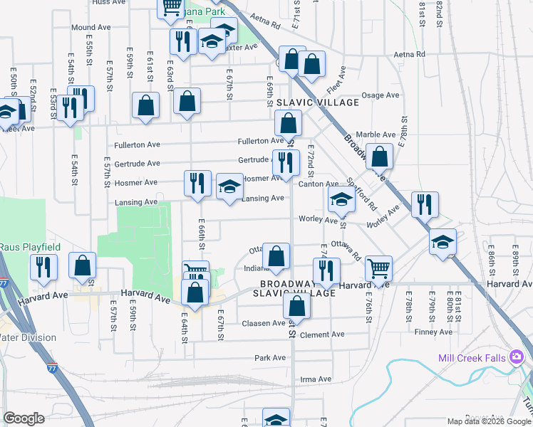 map of restaurants, bars, coffee shops, grocery stores, and more near 6918 Lansing Avenue in Cleveland