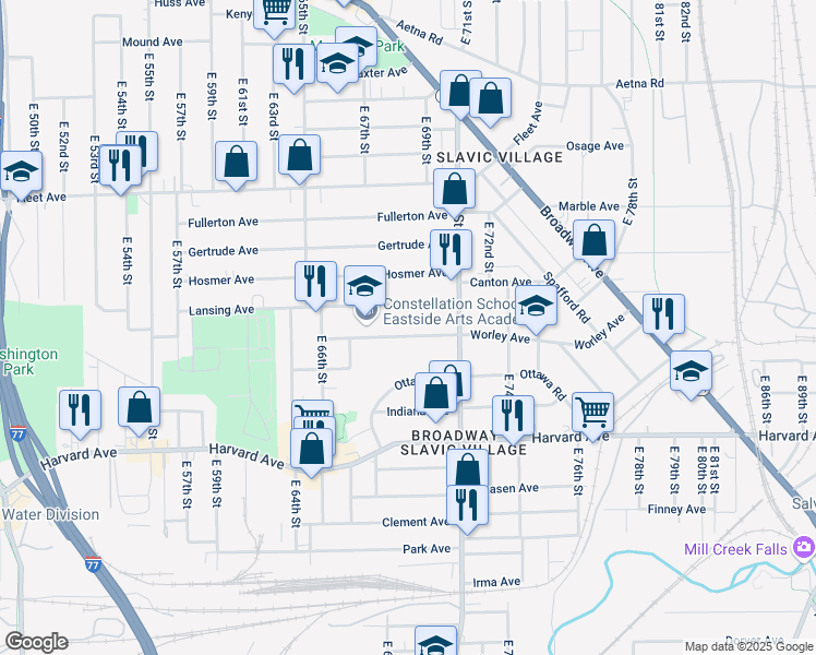 map of restaurants, bars, coffee shops, grocery stores, and more near 6918 Lansing Avenue in Cleveland