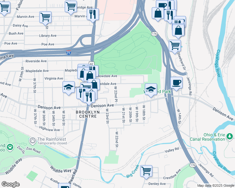 map of restaurants, bars, coffee shops, grocery stores, and more near 3783 West 22nd Place in Cleveland