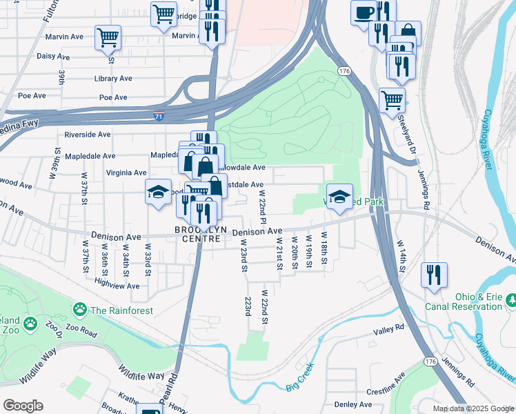 map of restaurants, bars, coffee shops, grocery stores, and more near 3783 West 22nd Place in Cleveland