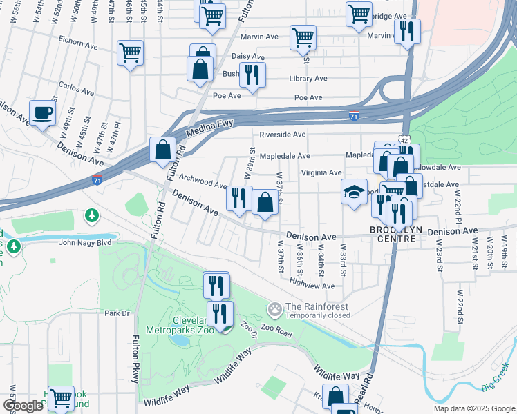 map of restaurants, bars, coffee shops, grocery stores, and more near 3768 West 39th Street in Cleveland