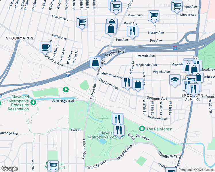 map of restaurants, bars, coffee shops, grocery stores, and more near 4300 Denison Avenue in Cleveland