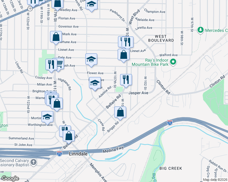 map of restaurants, bars, coffee shops, grocery stores, and more near 3658 West 107th Street in Cleveland
