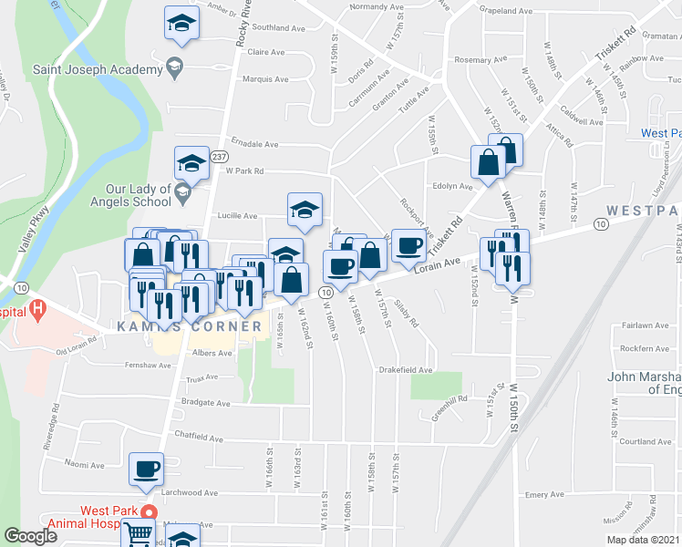 map of restaurants, bars, coffee shops, grocery stores, and more near 3707 West 159th Street in Cleveland