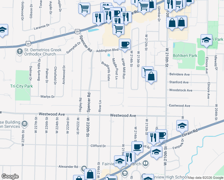 map of restaurants, bars, coffee shops, grocery stores, and more near 21780 Martins Way in Rocky River