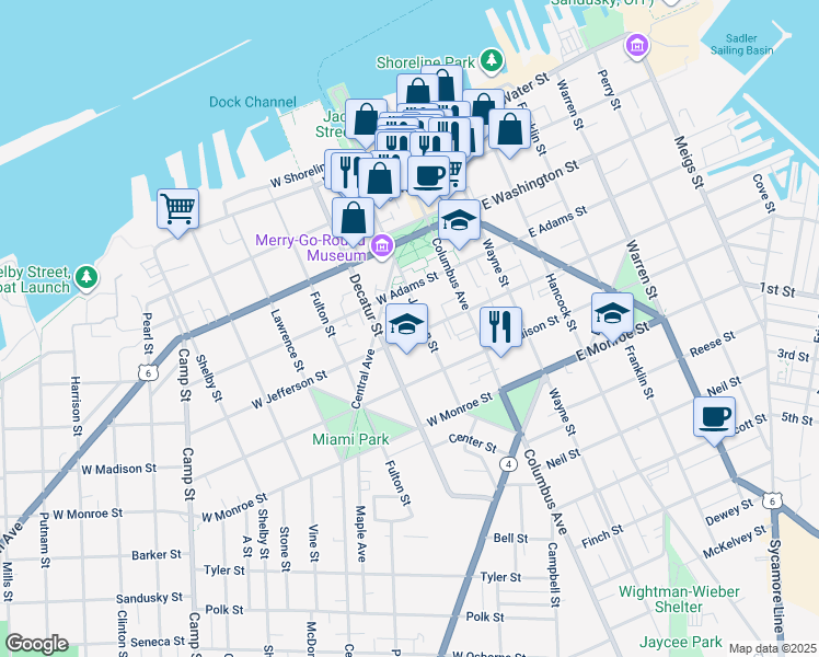 map of restaurants, bars, coffee shops, grocery stores, and more near 416 Jackson Street in Sandusky