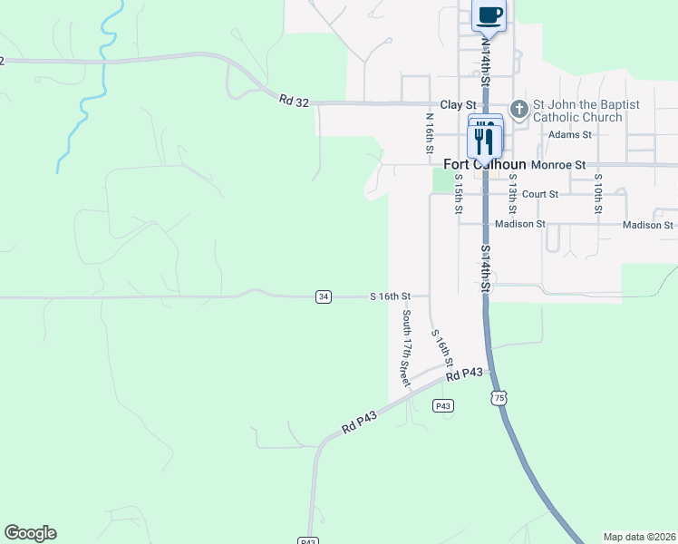 map of restaurants, bars, coffee shops, grocery stores, and more near 6624 County Road 34 in Fort Calhoun