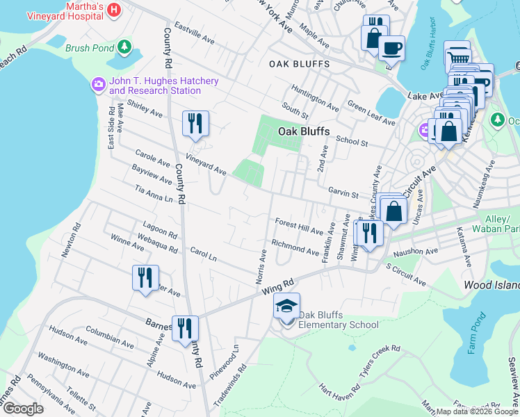 map of restaurants, bars, coffee shops, grocery stores, and more near 82 Vineyard Avenue in Oak Bluffs