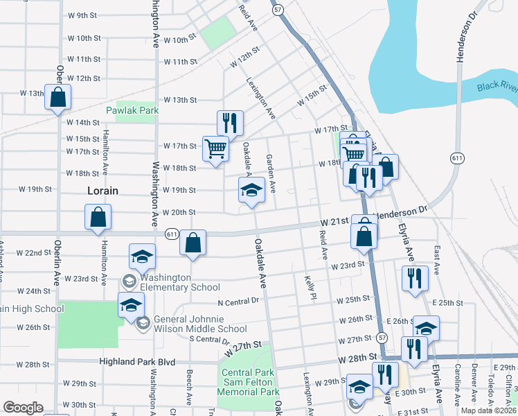 map of restaurants, bars, coffee shops, grocery stores, and more near 518 West 20th Street in Lorain