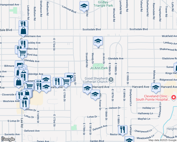 map of restaurants, bars, coffee shops, grocery stores, and more near 3936 Wendy Drive in Cleveland