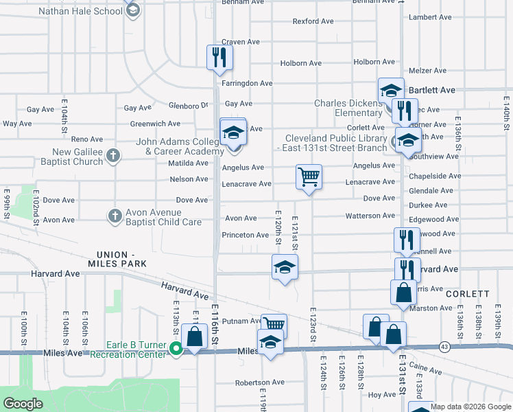 map of restaurants, bars, coffee shops, grocery stores, and more near 11825 Dove Avenue in Cleveland