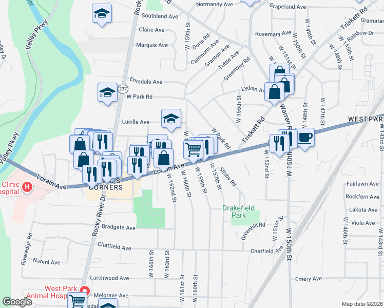 map of restaurants, bars, coffee shops, grocery stores, and more near 3707 West 159th Street in Cleveland