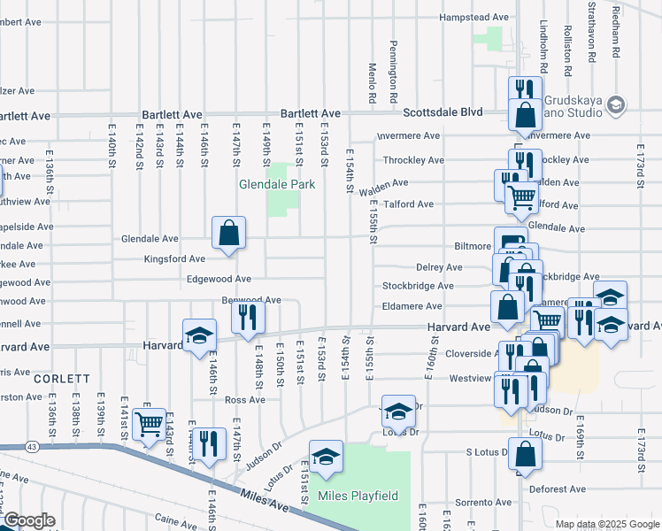 map of restaurants, bars, coffee shops, grocery stores, and more near 3943 East 153rd Street in Cleveland