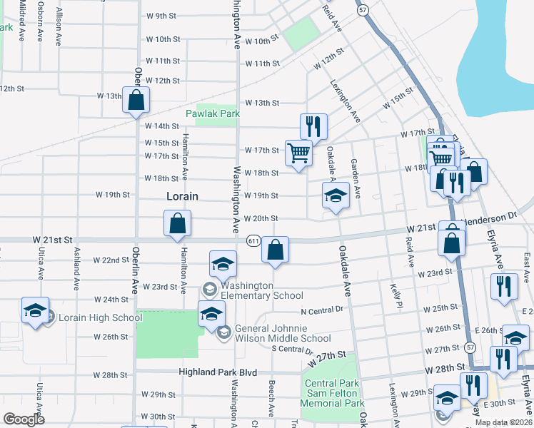 map of restaurants, bars, coffee shops, grocery stores, and more near 911 West 19th Street in Lorain