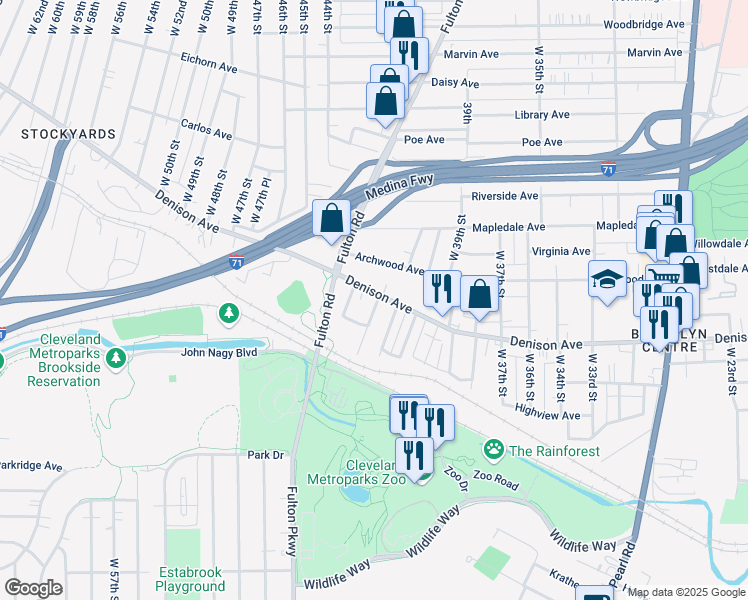 map of restaurants, bars, coffee shops, grocery stores, and more near 4300 Denison Avenue in Cleveland