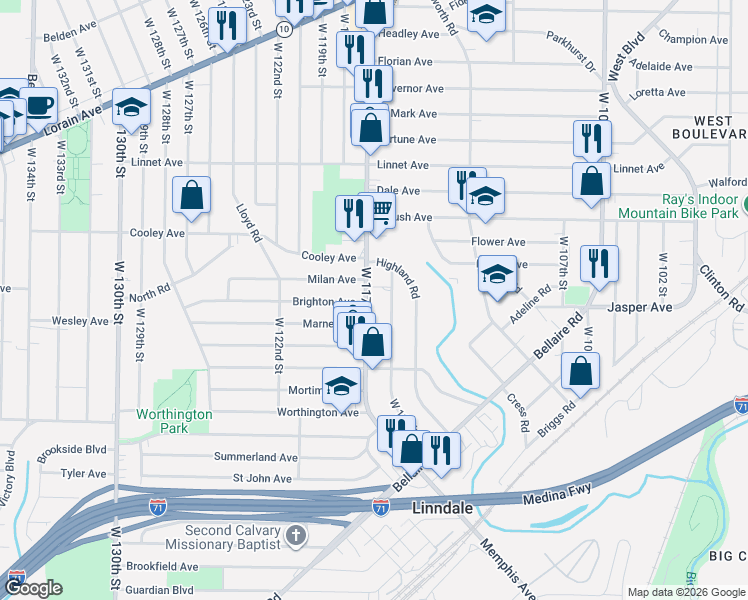 map of restaurants, bars, coffee shops, grocery stores, and more near 3670 West 116th Street in Cleveland