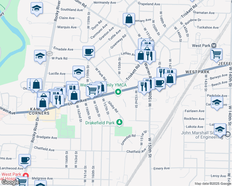 map of restaurants, bars, coffee shops, grocery stores, and more near 15321 Triskett Road in Cleveland