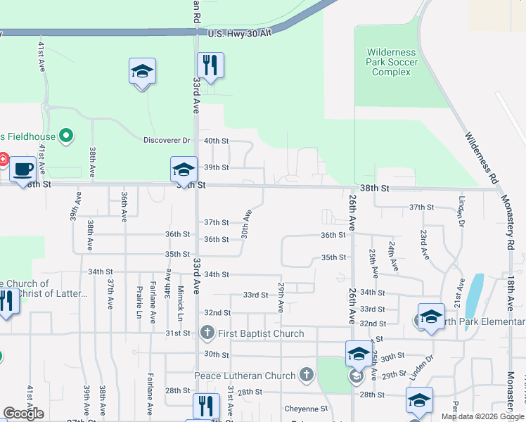map of restaurants, bars, coffee shops, grocery stores, and more near 2639-2999 38th St in Columbus