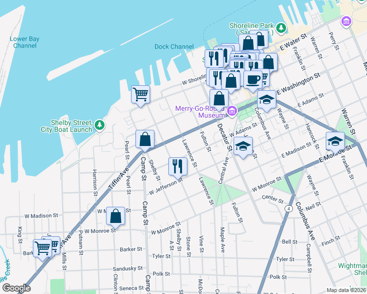 map of restaurants, bars, coffee shops, grocery stores, and more near 319 Lawrence Street in Sandusky