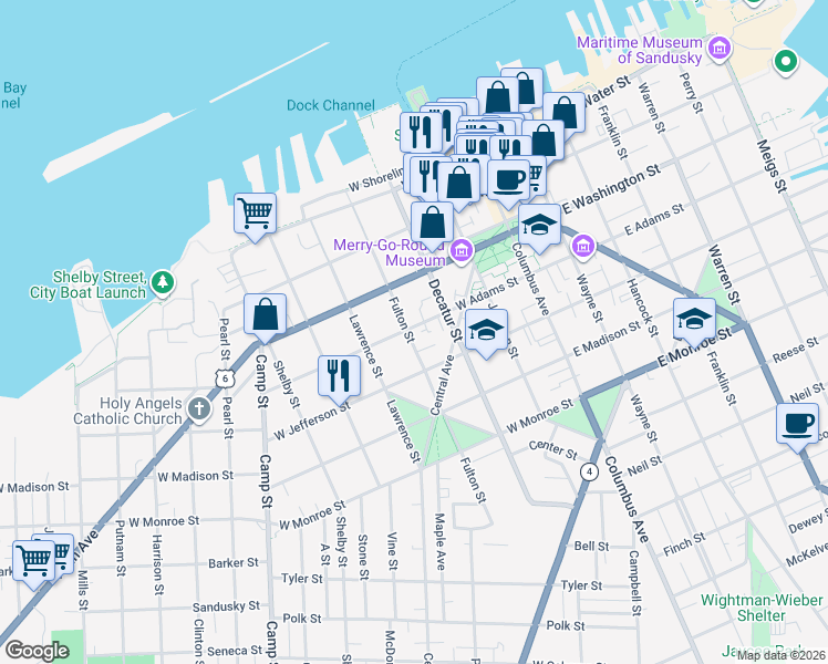 map of restaurants, bars, coffee shops, grocery stores, and more near 402 Fulton Street in Sandusky