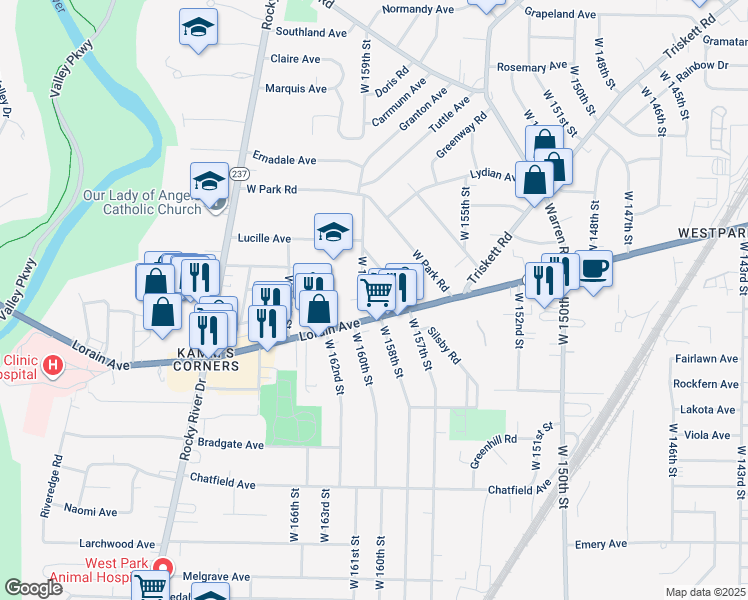 map of restaurants, bars, coffee shops, grocery stores, and more near 3727 West 159th Street in Cleveland