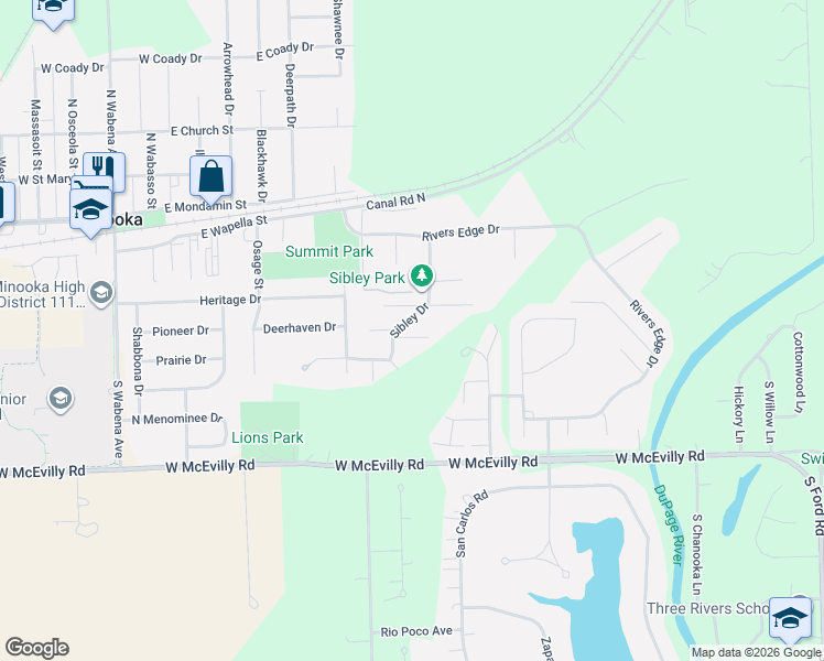 map of restaurants, bars, coffee shops, grocery stores, and more near 126 Sibley Drive in Minooka