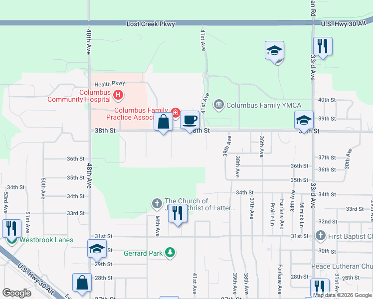 map of restaurants, bars, coffee shops, grocery stores, and more near 4151-4253 38th Street in Columbus