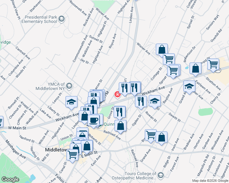 map of restaurants, bars, coffee shops, grocery stores, and more near 25 Smith Street in Middletown