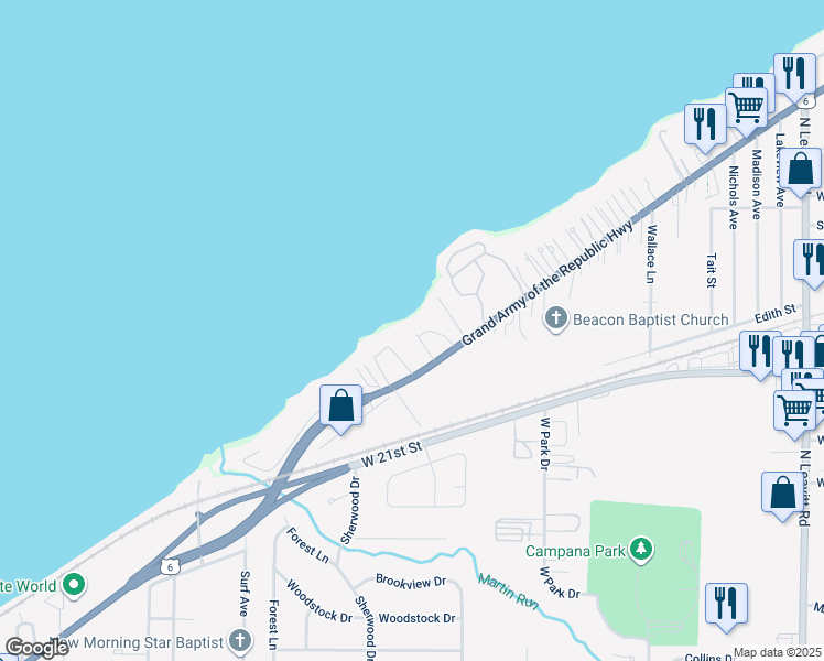 map of restaurants, bars, coffee shops, grocery stores, and more near 3756 West Erie Avenue in Lorain
