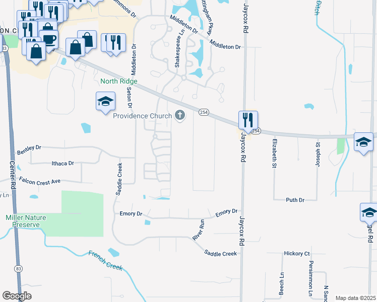 map of restaurants, bars, coffee shops, grocery stores, and more near 2576 Covington Place in Avon