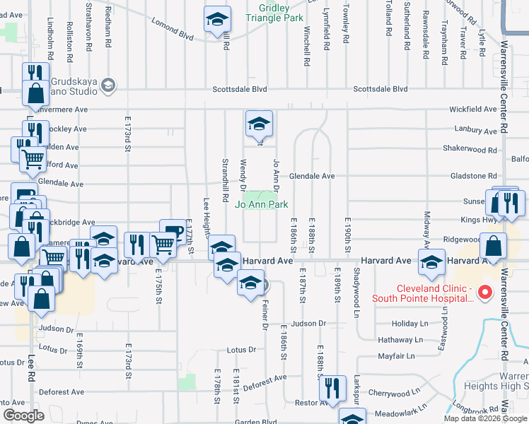 map of restaurants, bars, coffee shops, grocery stores, and more near 3951 East 183rd Street in Cleveland