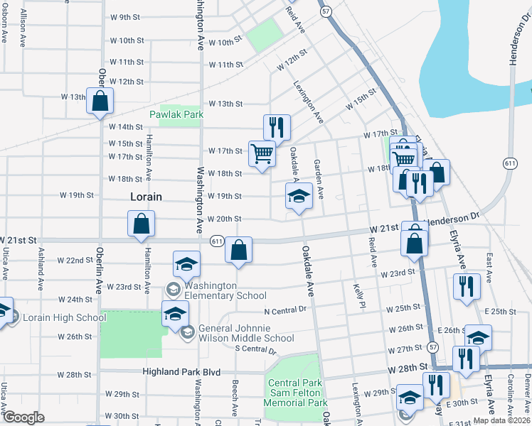 map of restaurants, bars, coffee shops, grocery stores, and more near 1939 Long Avenue in Lorain