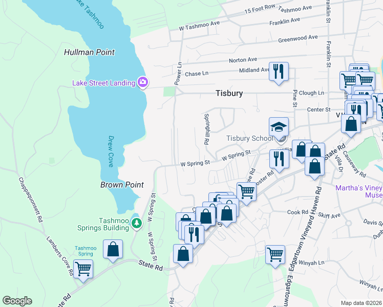 map of restaurants, bars, coffee shops, grocery stores, and more near 24 Alyssa Lane in Tisbury