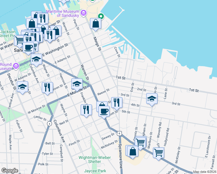 map of restaurants, bars, coffee shops, grocery stores, and more near 716 Perry Street in Sandusky