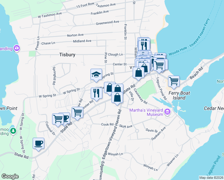 map of restaurants, bars, coffee shops, grocery stores, and more near 8 Rogers Way in Tisbury