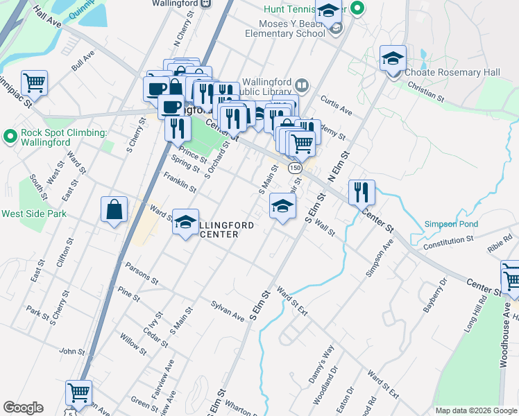 map of restaurants, bars, coffee shops, grocery stores, and more near 88 South Main Street in Wallingford