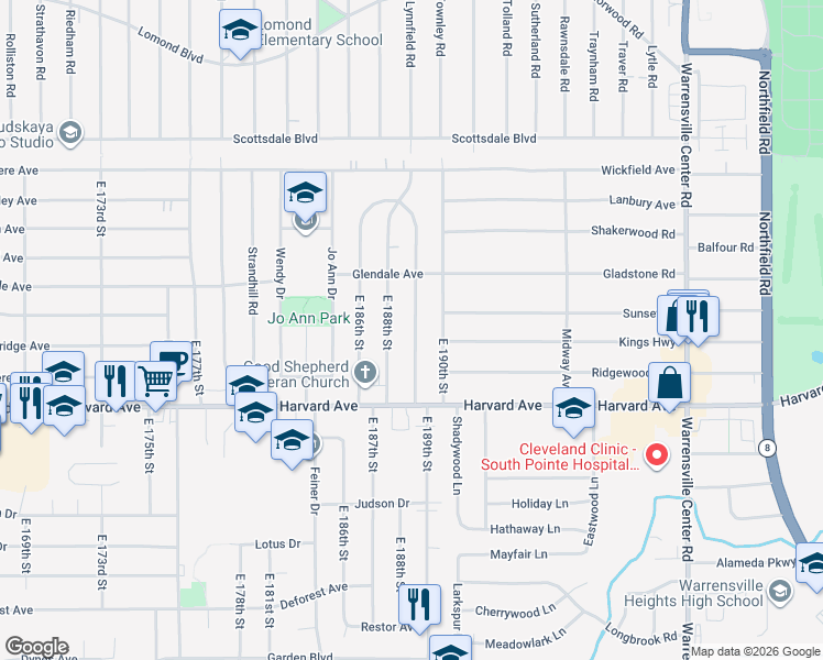 map of restaurants, bars, coffee shops, grocery stores, and more near 3943 East 188th Street in Cleveland