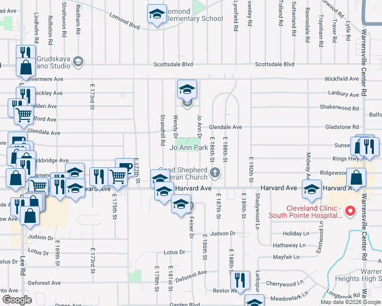 map of restaurants, bars, coffee shops, grocery stores, and more near 3951 East 183rd Street in Cleveland