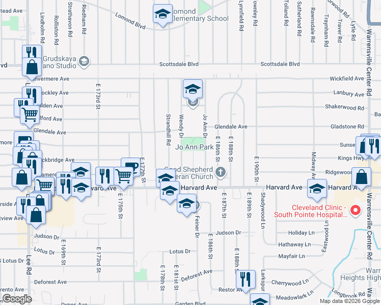 map of restaurants, bars, coffee shops, grocery stores, and more near 3951 East 183rd Street in Cleveland